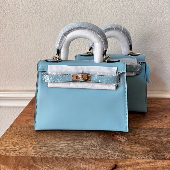 None Handbags - LEATHER INSIDE & OUT | Aqua Sky Mini 22 Sellier Belted KL Top Handle w/ Gold S17